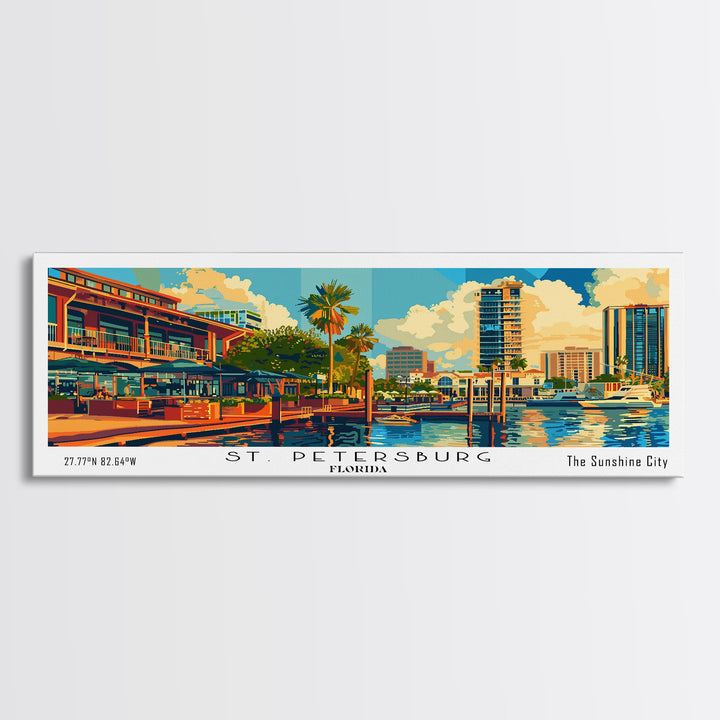 St. Petersburg Florida Panoramic Painting, Mid Century Modern Framed Canvas Print, Retro Pop Art Travel Poster, Wall Art, Home Decor