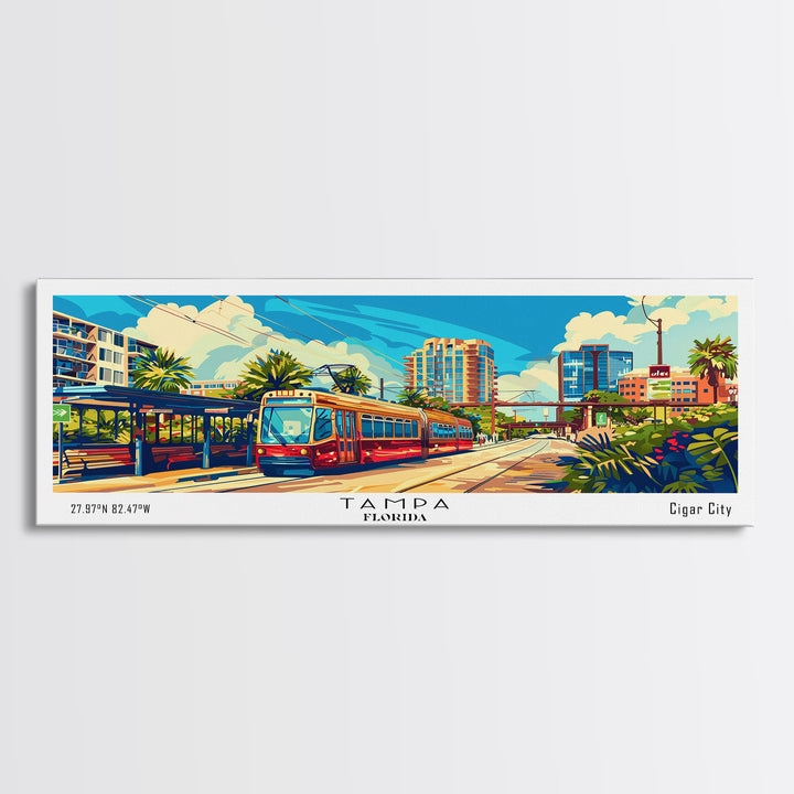 Tampa Florida Panoramic Wall Art, Retro Pop Art Framed Canvas Print, Mid Century Modern Travel Poster, Living Room Decor, Wall Hanging