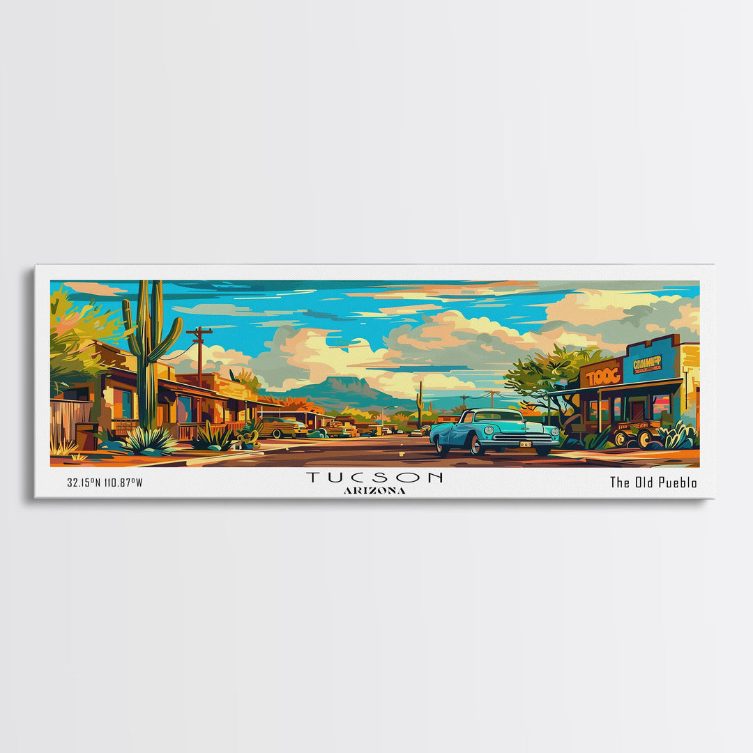 Tucson Arizona Panoramic Wall Art, Mid Century Modern Framed Canvas Print, Retro Pop Art Travel Poster, Office Wall Art, Living Room Decor