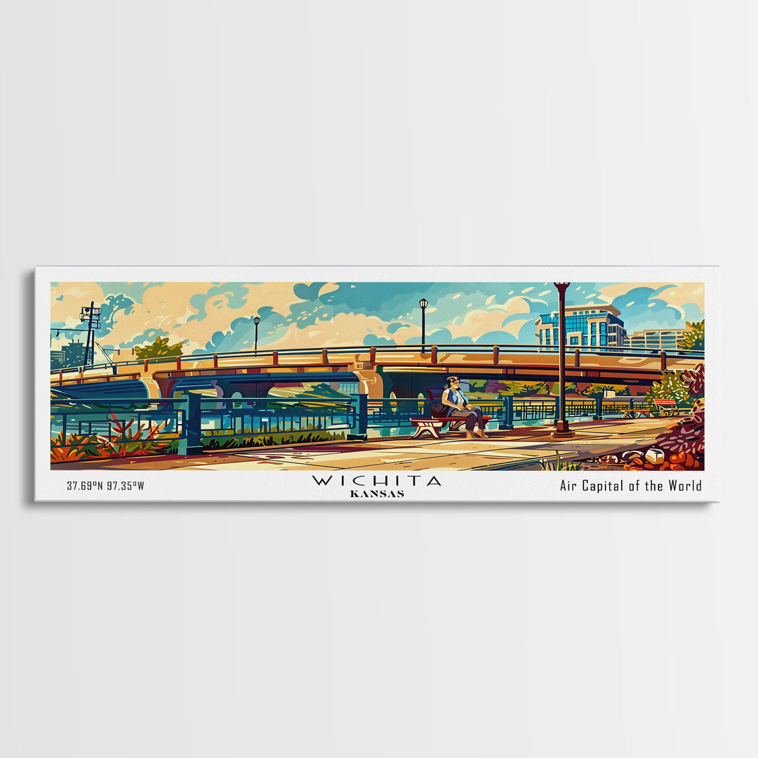 Wichita Kansas Panoramic Painting, Mid Century Modern Framed Canvas Print, Retro Pop Art Travel Poster, Wall Art, Home Decor