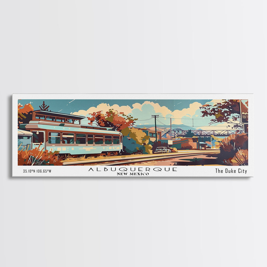 Albuquerque New Mexico Panoramic Painting, Mid Century Modern Framed Canvas Print, Retro Pop Art Travel Poster, Wall Decor, Office Art