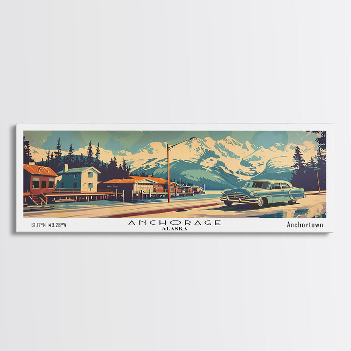 Anchorage Alaska Panoramic Painting, Mid Century Modern Framed Canvas Print, Retro Pop Art Travel Poster, Wall Art, Home Decor, Office Art