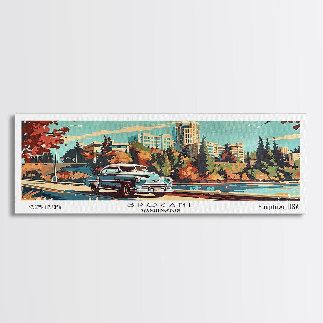 Spokane Washington Panoramic Wall Art, Mid Century Modern Framed Canvas Print, Retro Pop Art Travel Poster, Living Room and Office Decor