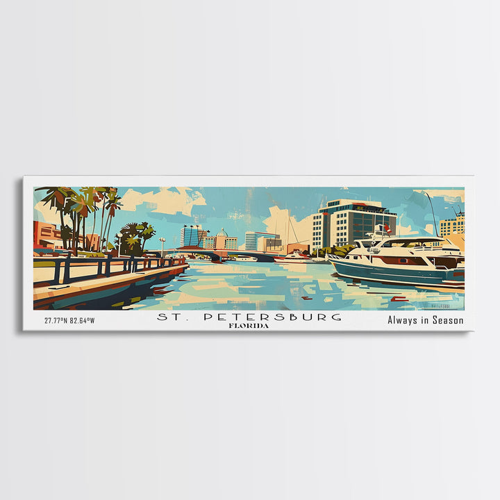 St. Petersburg Florida Panoramic Wall Art, Mid Century Modern Framed Canvas Print, Retro Pop Art Travel Poster, Living Room and Office Wall Art