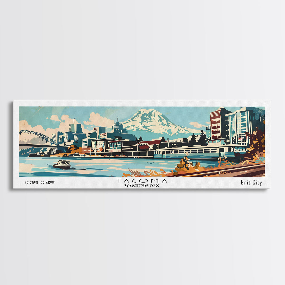 Tacoma Washington Panoramic Painting, Mid Century Modern Framed Canvas Print, Retro Pop Art Travel Poster, Living Room Wall Art Decor