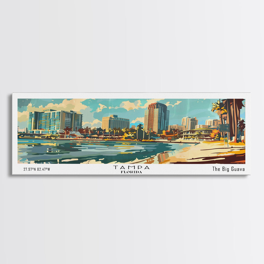 Tampa Florida Panoramic Wall Art, Mid Century Modern Framed Canvas Print, Retro Pop Art Travel Poster, Living Room and Office Wall Art