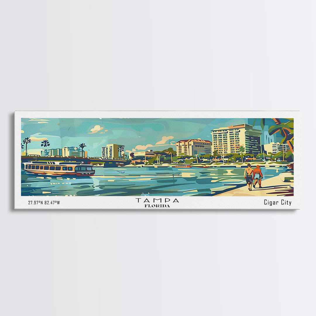 Tampa Florida Panoramic Painting, Mid Century Modern Framed Canvas Print, Retro Pop Art Travel Poster, Living Room and Office Decor