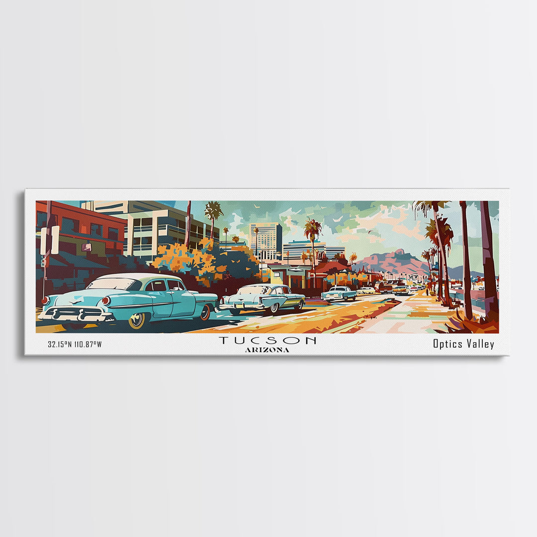 Tucson Arizona Panoramic Painting, Mid Century Modern Framed Canvas Print, Retro Pop Art Travel Poster, Living Room Wall Art and Office Decor