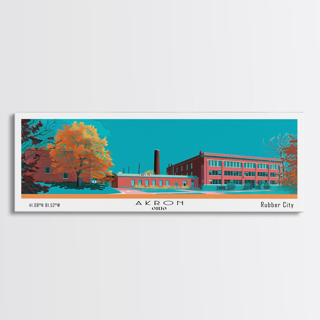 Akron Ohio Panoramic Painting, Mid Century Modern Framed Canvas Print, Retro Pop Art Travel Poster, Living Room Wall Art Decor, City Art