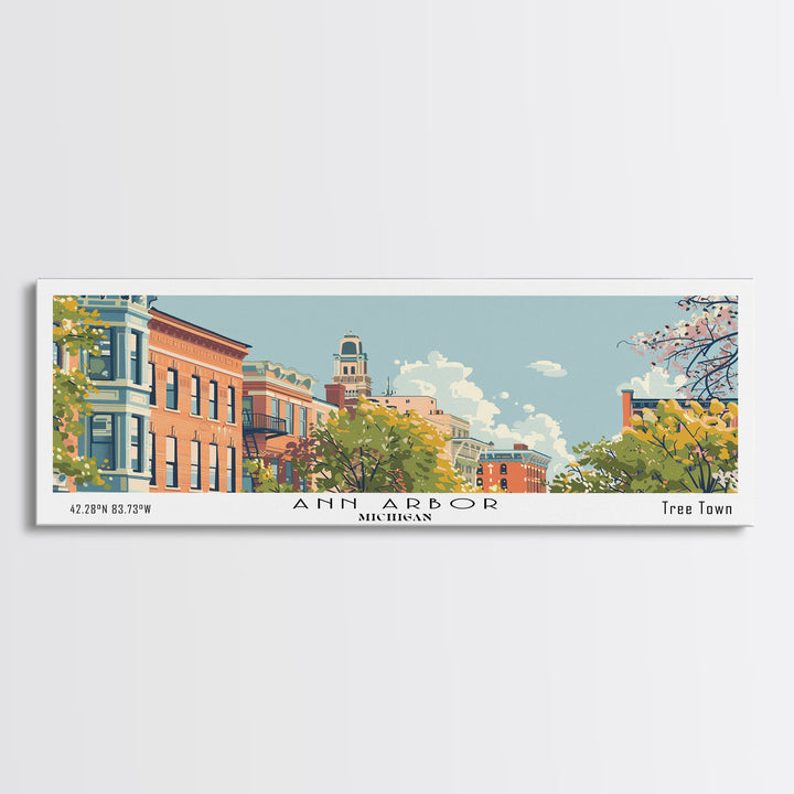 Ann Arbor Michigan Panoramic Painting, Mid Century Modern Framed Canvas Print, Retro Pop Art Travel Poster, Living Room Wall Art Decor, City Print