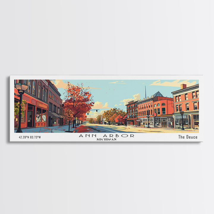 Ann Arbor Michigan Panoramic Painting, Mid Century Modern Framed Canvas Print, Retro Pop Art Travel Poster, Office Art, City Print