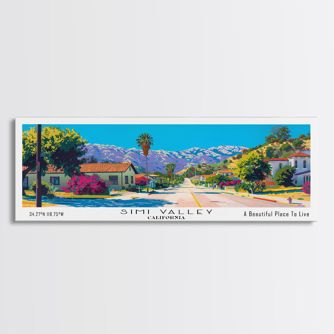 Simi Valley California Panoramic Painting, Mid Century Modern Framed Canvas Print, Retro Pop Art Travel Poster, Living Room Wall Art Decor