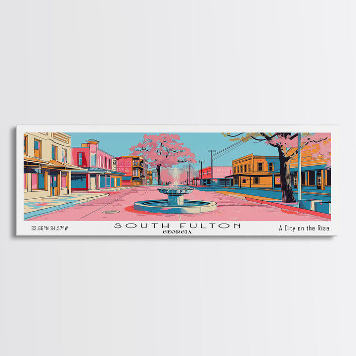 South Fulton Georgia Panoramic Painting, Mid Century Modern Framed Canvas Print, Retro Pop Art Travel Poster, Home and Office Wall Art Decor