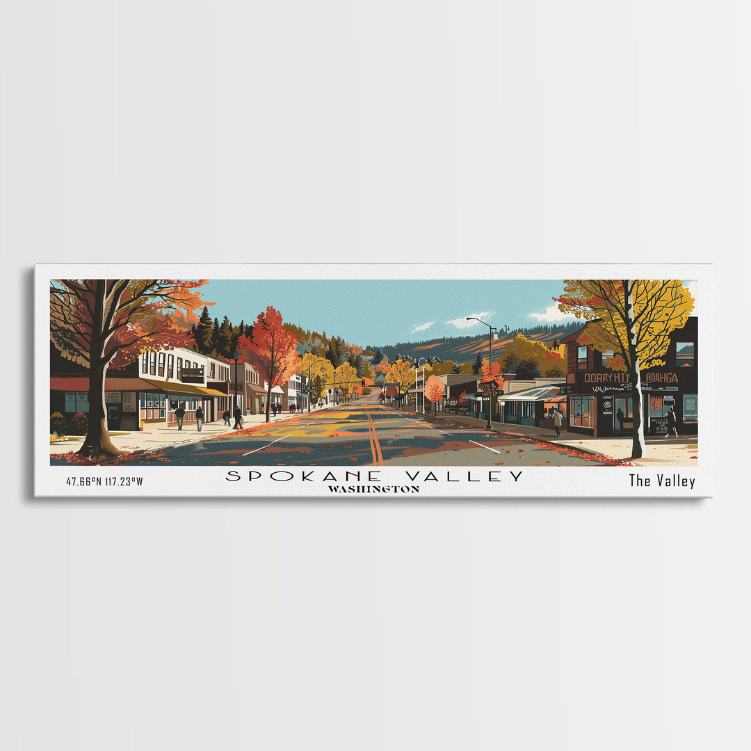 Spokane Valley Washington Panoramic Painting, Mid Century Modern Framed Canvas Print, Retro Pop Art Travel Poster, Wall Hanging for Home Decor