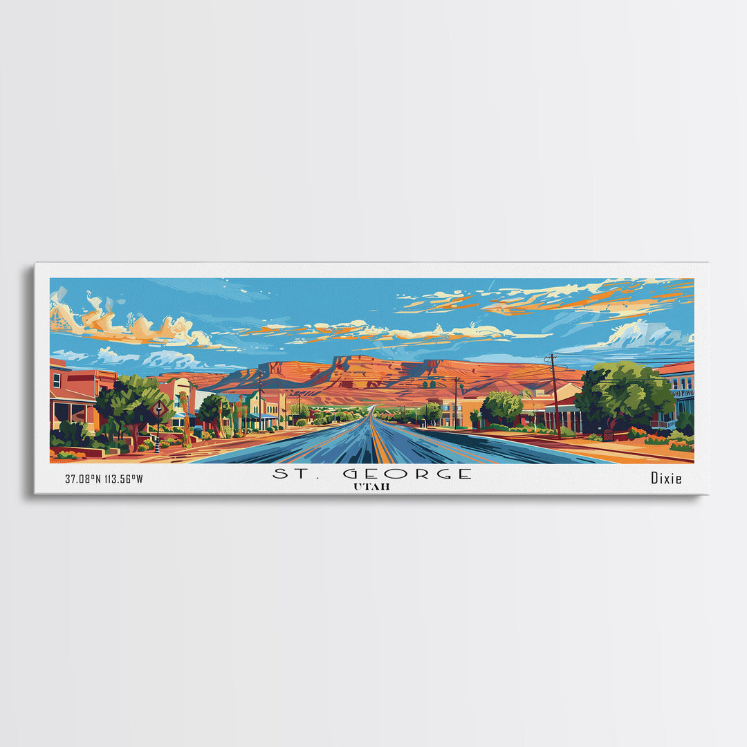 St. George Utah Panoramic Wall Art, Mid Century Modern Framed Canvas Print, Retro Pop Art Travel Poster, Office Wall Decor and Gift Idea