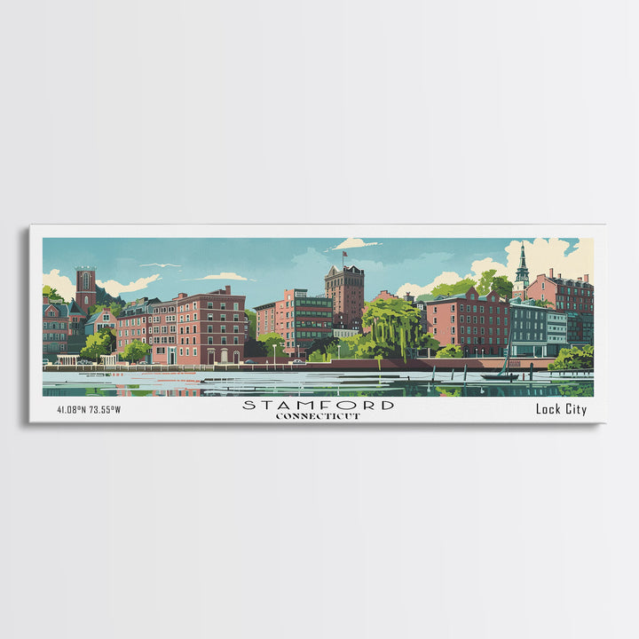 Stamford Connecticut Panoramic Wall Art, Mid Century Modern Framed Canvas Print, Retro Pop Art Travel Poster, Living Room and Office Decor