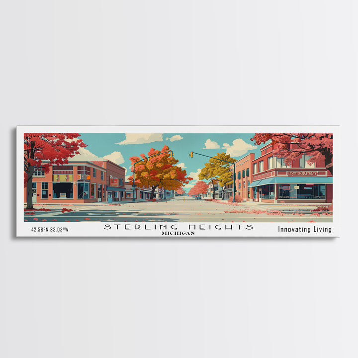 Sterling Heights Michigan Panoramic Art, Mid Century Modern Framed Canvas Print, Retro Pop Art Travel Poster, Office Wall Art, Home Decoration