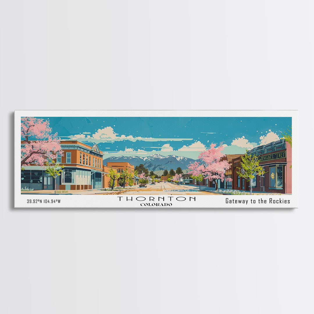 Thornton Colorado Panoramic Painting, Mid Century Modern Framed Canvas Print, Retro Pop Art Travel Poster, Living Room Wall Art Decor