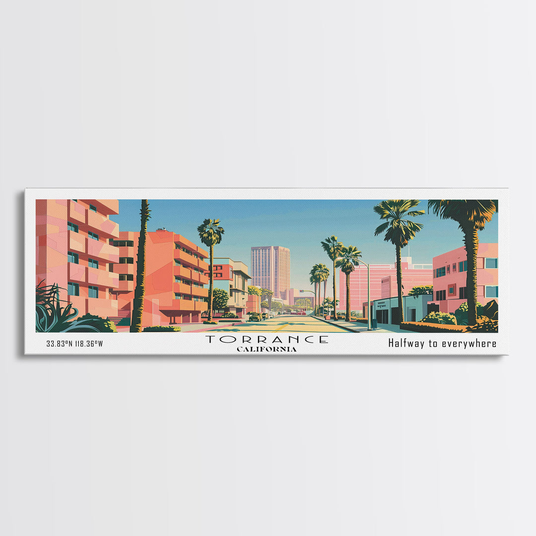 Torrance California Panoramic Wall Art, Mid Century Modern Framed Canvas Print, Retro Pop Art Travel Poster, Living Room and Office Decor