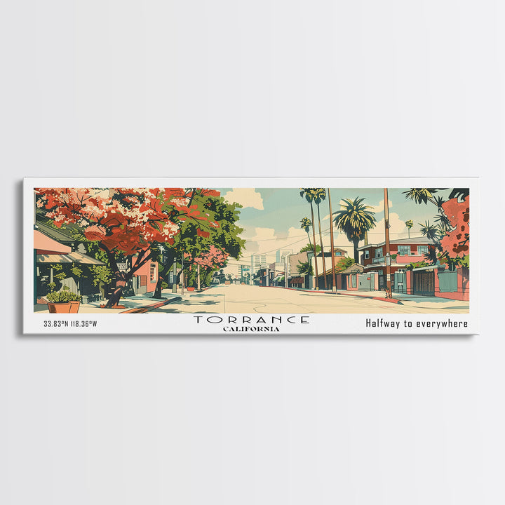 Torrance California Panoramic Painting, Mid Century Modern Framed Canvas Print, Retro Pop Art Travel Poster, Wall Hanging for Home Decor