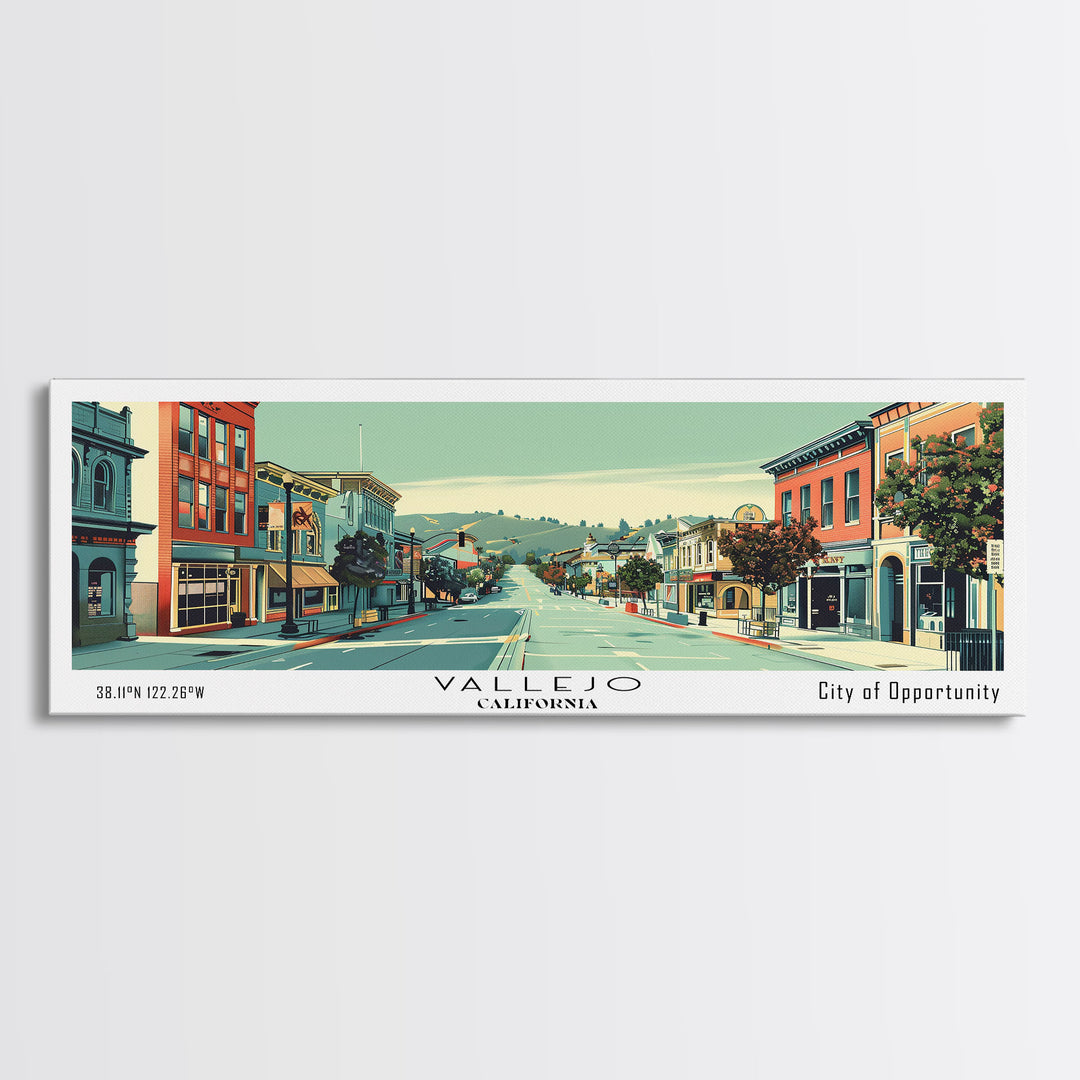 Vallejo California Panoramic Art, Mid Century Modern Framed Canvas Print, Retro Pop Art Travel Poster, City Print, Living Room Wall Decor