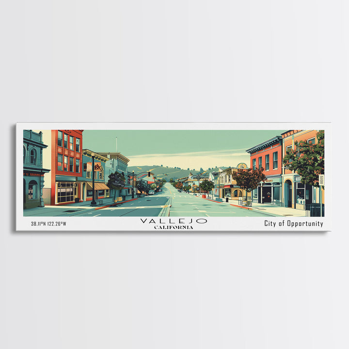 Vallejo California Panoramic Art, Mid Century Modern Framed Canvas Print, Retro Pop Art Travel Poster, City Print, Living Room Wall Decor