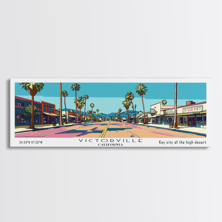 Victorville California Panoramic Art, Mid Century Modern Framed Canvas Print, Retro Pop Art Travel Poster, City Print, Living Room Decor