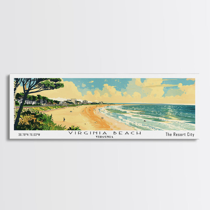 Virginia Beach Virginia Panoramic Painting, Mid Century Modern Framed Canvas Print, Retro Pop Art Travel Poster, Office Wall Art, Home Decoration