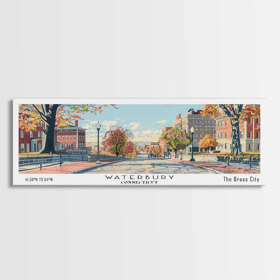 Waterbury Connecticut Panoramic Art, Mid Century Modern Framed Canvas Print, Retro Pop Art Travel Poster, City Print, Living Room Wall Decor