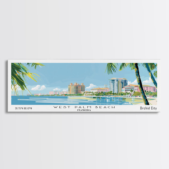 West Palm Beach Florida Panoramic Art, Mid Century Modern Framed Canvas Print, Retro Pop Art Travel Poster, City Print, Living Room Wall Decor