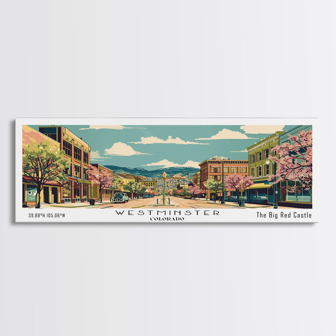 Westminster Colorado Panoramic Painting, Mid Century Modern Framed Canvas Print, Retro Pop Art Travel Poster, Office Wall Art, Home Decoration