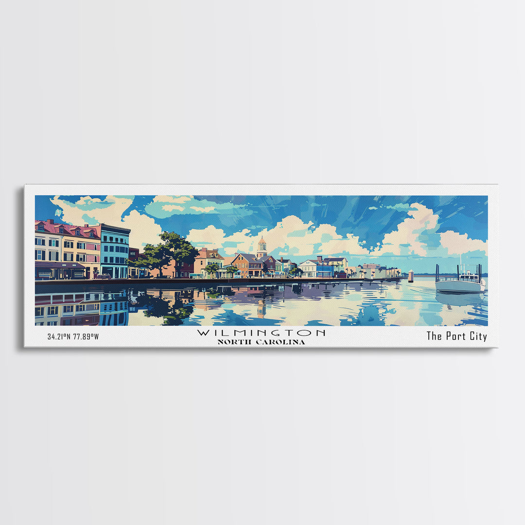 Wilmington North Carolina Panoramic Wall Art, Mid Century Modern Framed Canvas Print, Retro Pop Art Travel Poster, City Art, Home Decoration