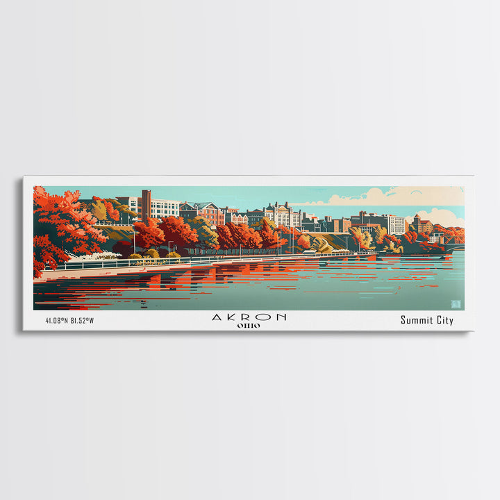 Akron Ohio Panoramic Painting, Framed Canvas Print, Mid Century Modern Wall Art, Retro Pop Art Travel Poster, Living Room Decor, City Art