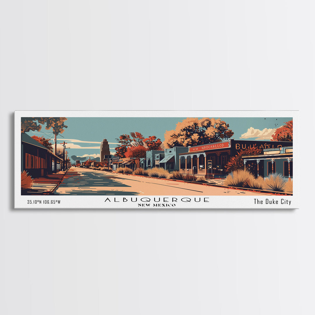 Albuquerque New Mexico Panoramic Painting, Framed Canvas Print, Mid Century Modern Wall Art, Retro Pop Art Travel Poster, Office Decor, City Art