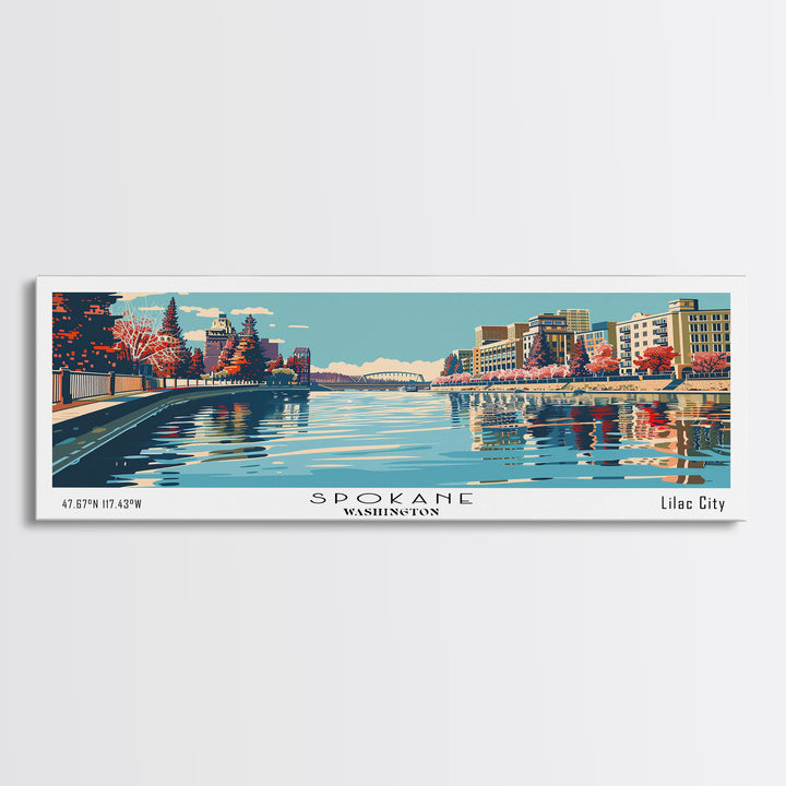 Spokane Washington Panoramic Painting, Mid Century Modern Framed Canvas Print, Retro Pop Art Travel Poster, Cityscape, Home Decor, Office Wall Art