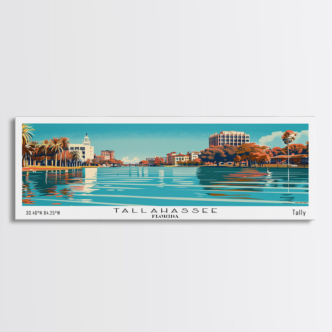 Tallahassee Florida Panoramic Painting, Mid Century Modern Framed Canvas Print, Retro Pop Art Travel Poster, Cityscape, Home Decor, Office Wall Art