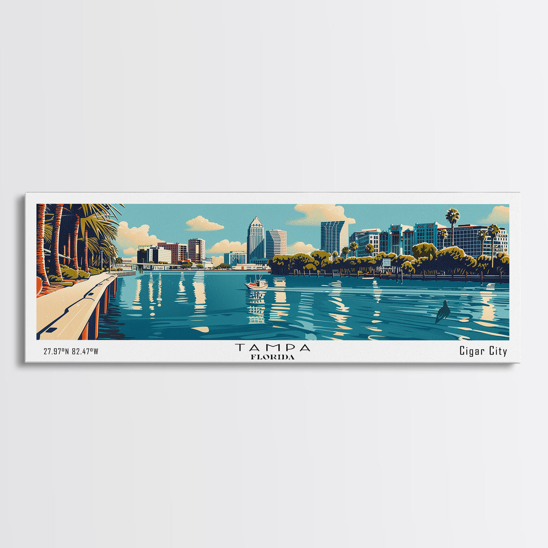 Tampa Florida Panoramic Wall Art, Mid Century Modern Framed Canvas Print, Retro Pop Art Cityscape, Travel Poster, Living Room Decor