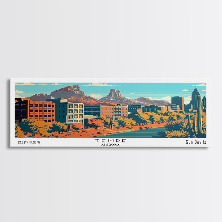 Tempe Arizona Panoramic Painting, Mid Century Modern Framed Canvas Print, Retro Pop Art Travel Poster, Cityscape, Home Decor, Office Wall Art