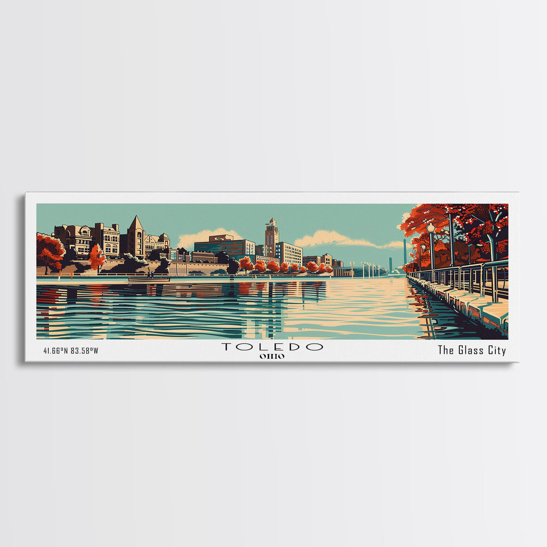 Toledo Ohio Panoramic Wall Art, Mid Century Modern Framed Canvas Print, Retro Pop Art Cityscape, Travel Poster, Living Room Decor