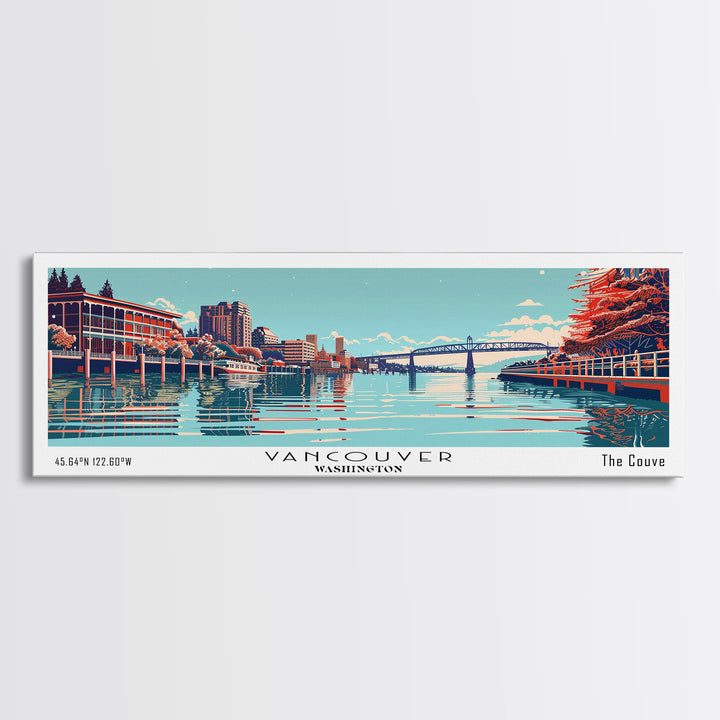 Vancouver Washington Panoramic Cityscape, Mid Century Modern Framed Canvas Print, Retro Pop Art Travel Poster, City Art Decor, Living Room Art