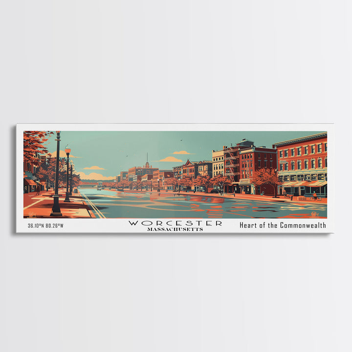 Worcester Massachusetts Panoramic Wall Art, Mid Century Modern Framed Canvas Print, Retro Pop Art Travel Poster, Cityscape Decor, Office Wall Art