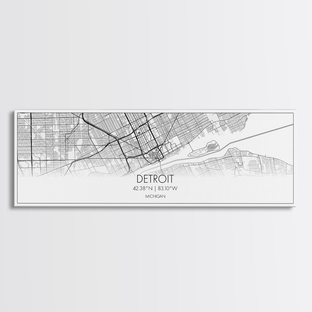 Panoramic Detroit City Map, Michigan Art, Map Print, Minimalist Wall Art, Canvas Art, Housewarming Gift, Street Map Art, Closing Gift