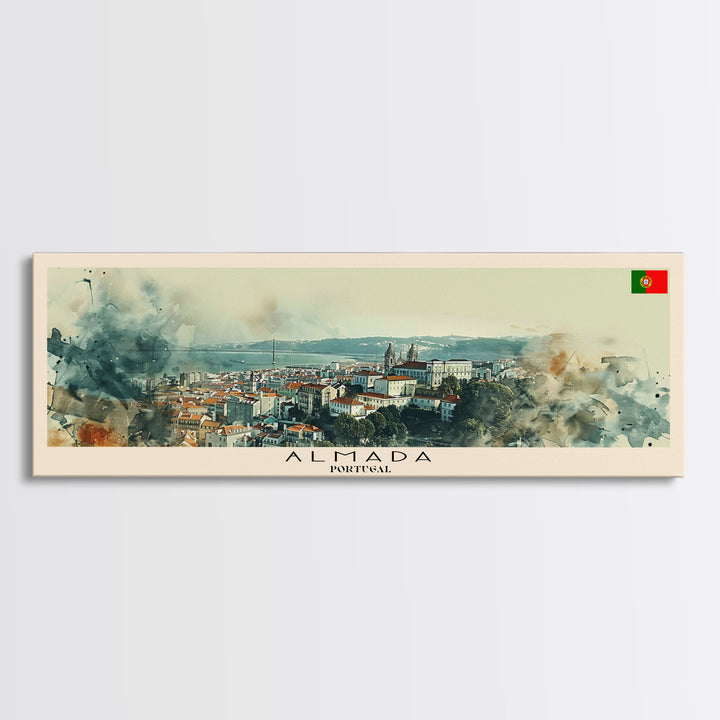 Almada Portugal Travel Art, City Art, Framed Canvas Print or Metal Wall Art, Europe Travel Poster, Panoramic Wall Art, Extra Wide Wall Art