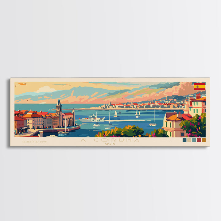 A Coruña Spain Travel Art, City Art, Framed Canvas Print or Metal Wall Art, Europe Travel Poster, Panoramic Wall Art, Extra Wide Wall Art