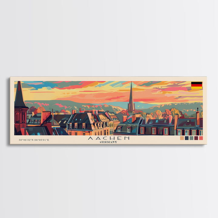 Aachen Germany  Panoramic Travel Poster, Framed Canvas Print or Metal Wall Art, Travel Art, Home Decor, Panoramic Painting, Midcentury Art