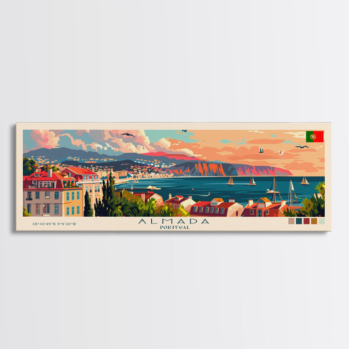 Almada  Portugal Travel Art, City Art, Framed Canvas Print or Metal Wall Art, Europe Travel Poster, Panoramic Wall Art, Extra Wide Wall Art