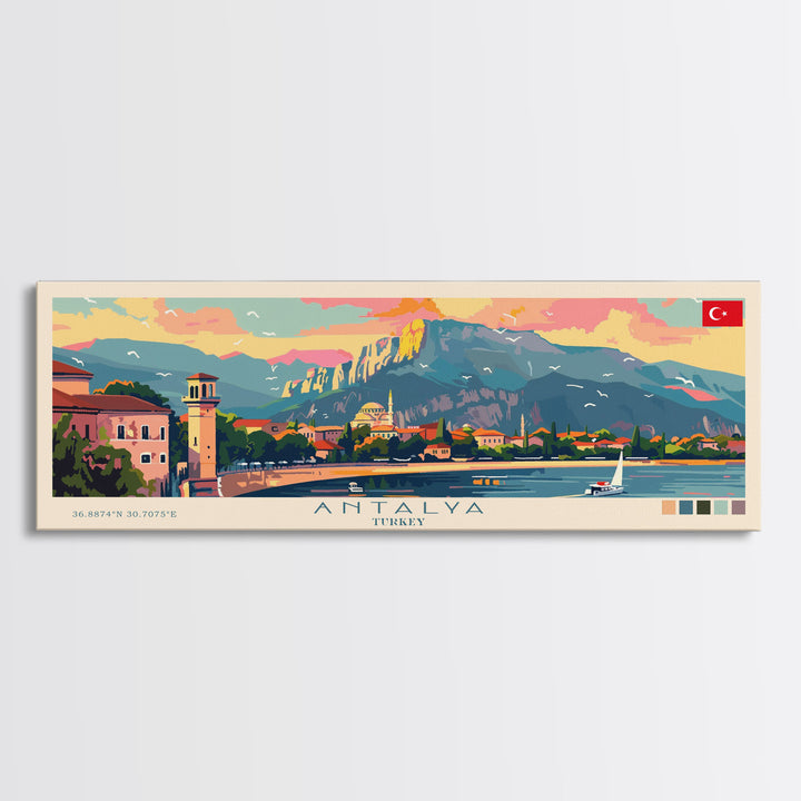 Antalya Turkey Panoramic Travel Poster, Framed Canvas Print or Metal Wall Art, Travel Art, Home Decor, Panoramic Painting, Midcentury Art