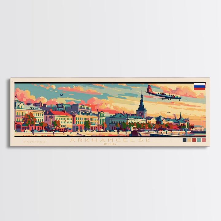 Arkhangelsk Russia Panoramic Travel Poster, Framed Canvas Print or Metal Wall Art, Travel Art, Home Decor, Panoramic Painting, Midcentury Art