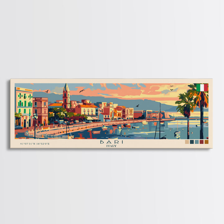 Bari Italy Travel Art, City Art, Framed Canvas Print or Metal Wall Art, Europe Travel Poster, Panoramic Wall Art, Extra Wide Wall Art