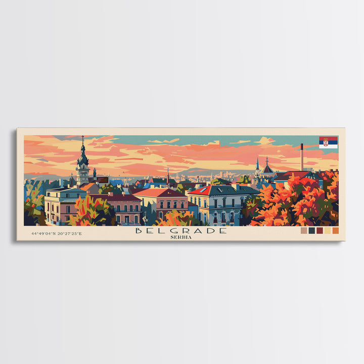 Belgrade Serbia Panoramic Travel Poster, Framed Canvas Print or Metal Wall Art, Travel Art, Home Decor, Panoramic Painting, Midcentury Art